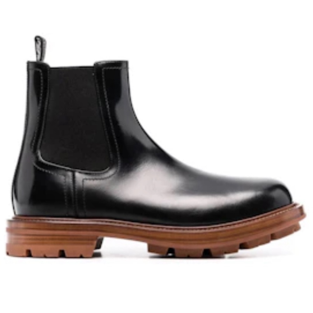 Alexander McQueen Men's Chelsea Black / Cedar Brown Leather Boots, Size 12